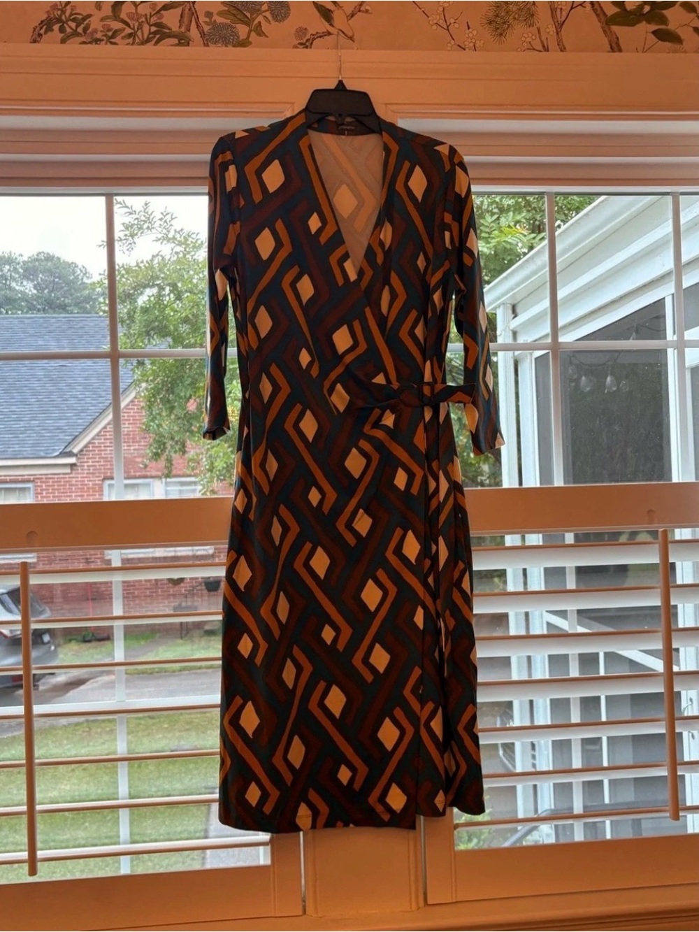 Geometric Wrap Midi Dress in Navy and Cream